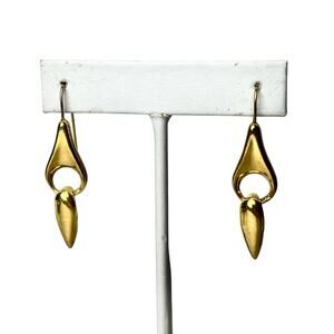 Dangle Earrings Gold Tone Post Double Drop Polished Shiny Pierced Hook Artistic